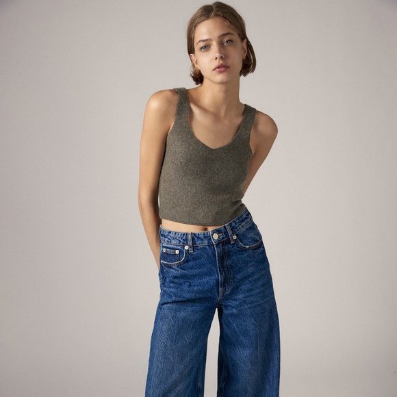 🔴 Zara Womens Wool Pullover Crop Knit Top V Neck Sleeveless  - Size S - Picture 1 of 13